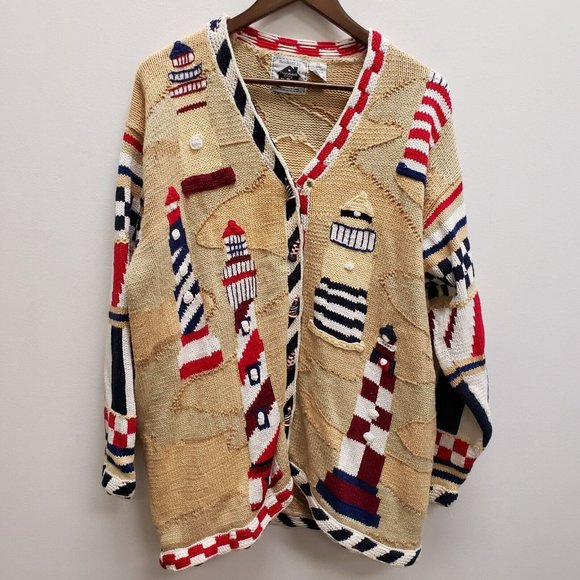 Storybook Knits Sweaters - Vintage Storybook Knits Womens Lighthouse Sweater Size 2X Beige Button Front